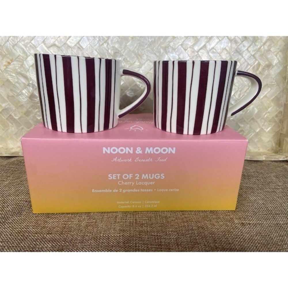 Noon & Moon Cherry Lacquer Ceramic Mug Set of 2 Striped White Burgundy 8.6oz NIB